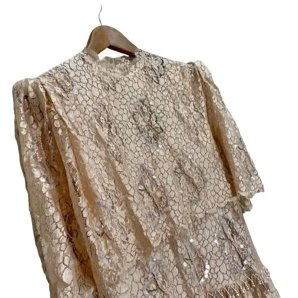 Vintage 1990s Rina di’Montella Silk Lace Overlay Beaded Dress Size 8 Nude Pink - Picture 4 of 16